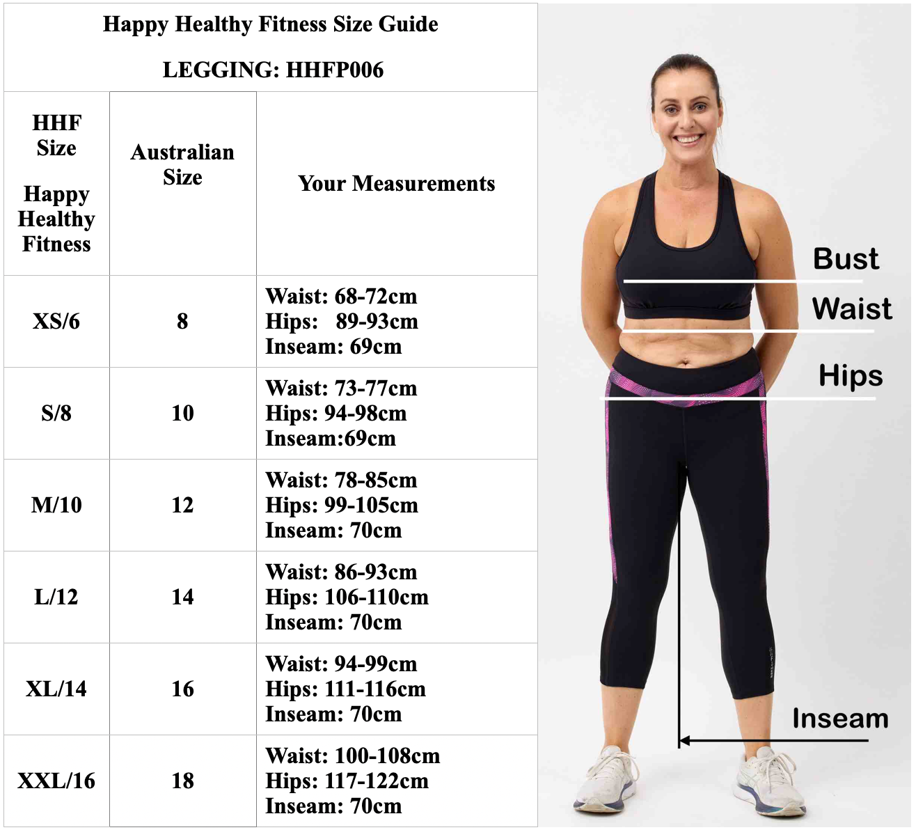 Legging size and measurement guide